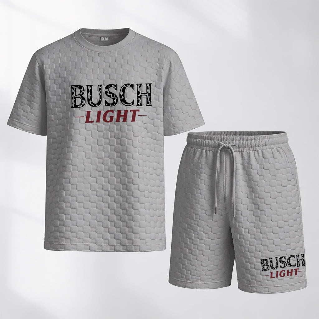 Men's Spring And Summer Classic Beer Print With Red And Black Line Checkered Fabric Drawstring Shorts Set, Casual Summer Outfit With Short-Sleeved Shirt And Shorts, Ideal For Everyday Wear And Sports Activities