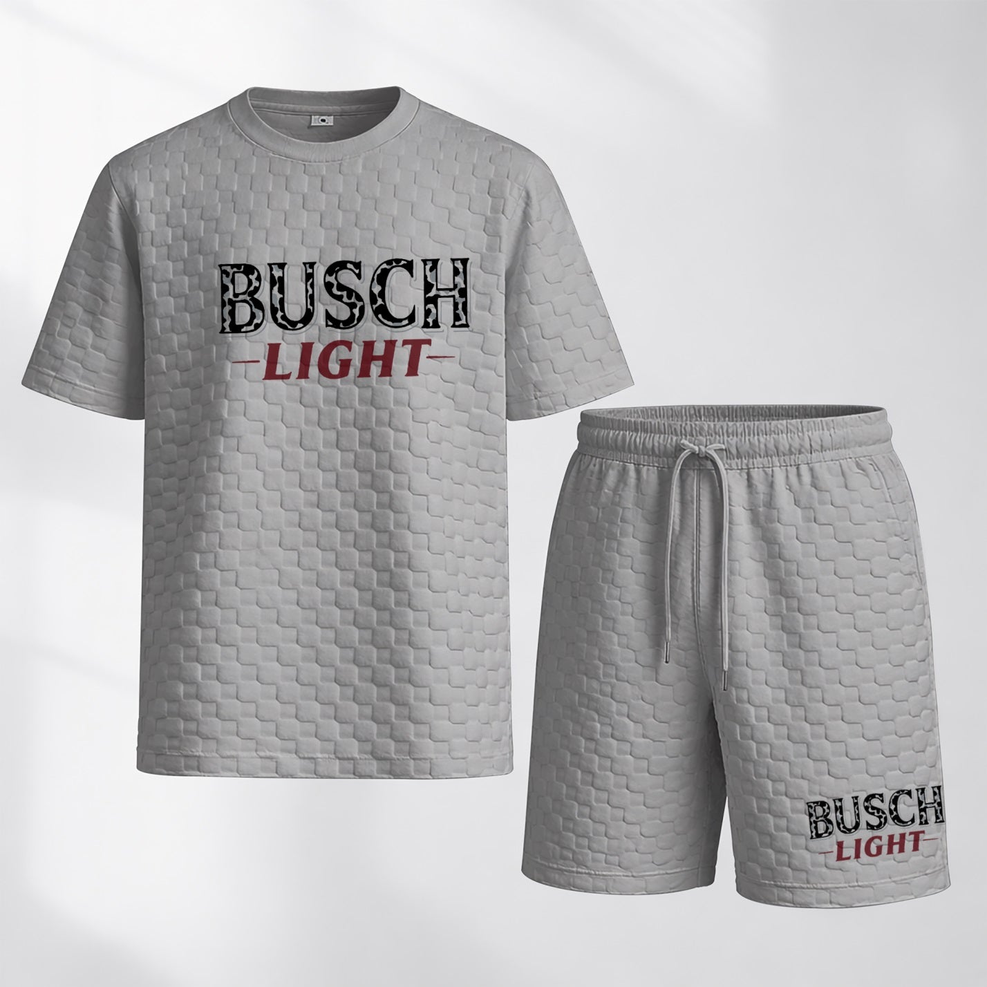 Men's Spring And Summer Classic Beer Print With Red And Black Line Checkered Fabric Drawstring Shorts Set, Casual Summer Outfit With Short-Sleeved Shirt And Shorts, Ideal For Everyday Wear And Sports Activities