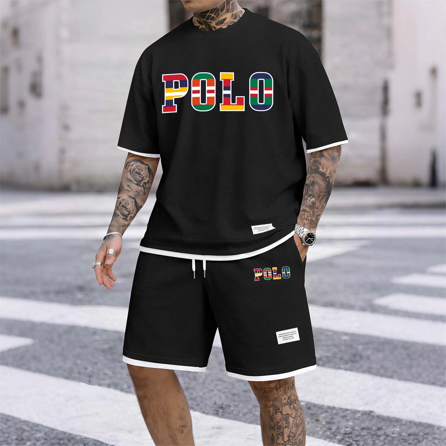 Men's Polo Print Drawstring Shorts Set For Spring/Summer. A Casual Summer Outfit, Including A Short-Sleeved Shirt And Shorts, Suitable For Everyday Wear And Sports. A Two-Piece Set For A Relaxed And Energetic Lifestyle.