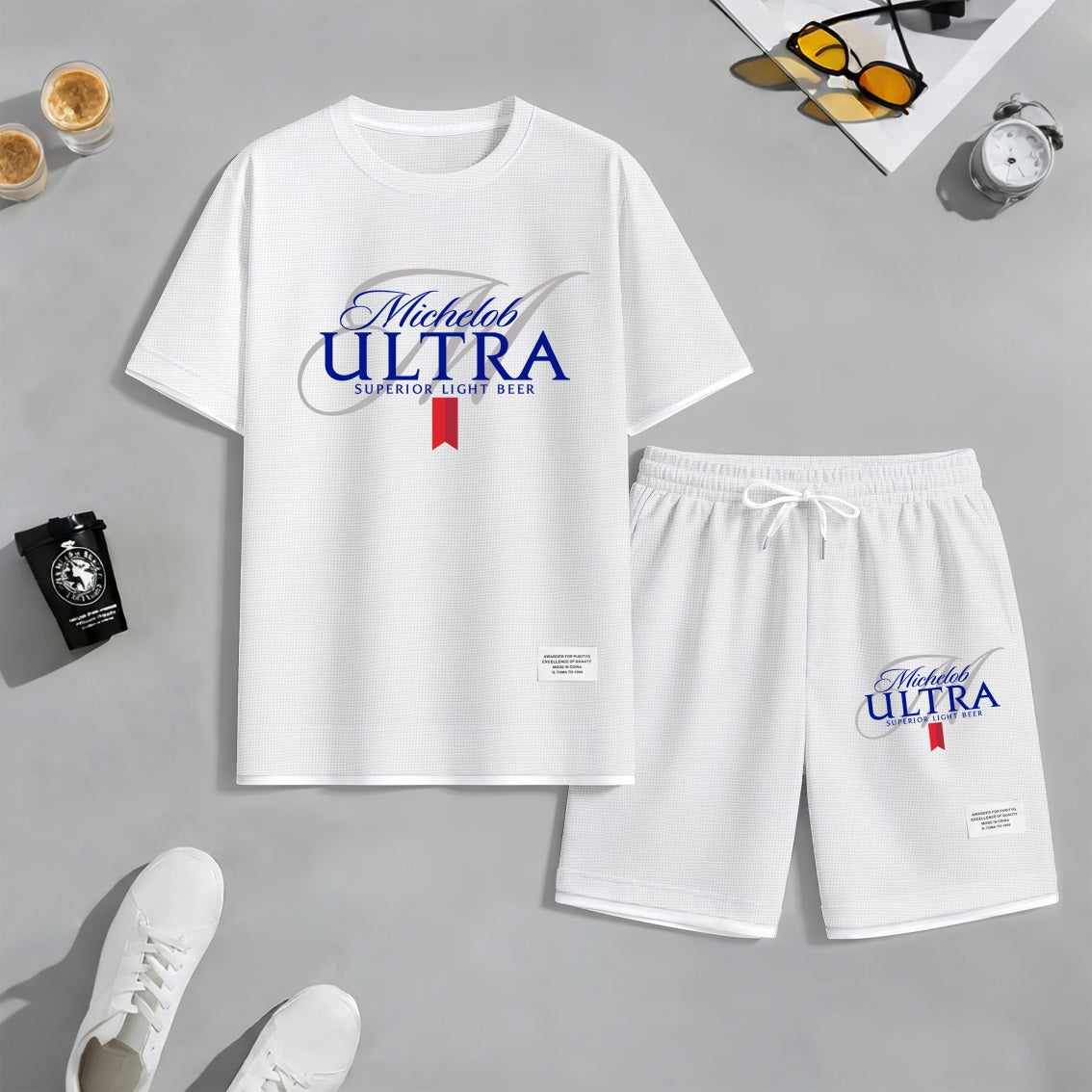 Men's Fitness Beer Print Waffle Fabric Short-Sleeved Shirt And Shorts Set