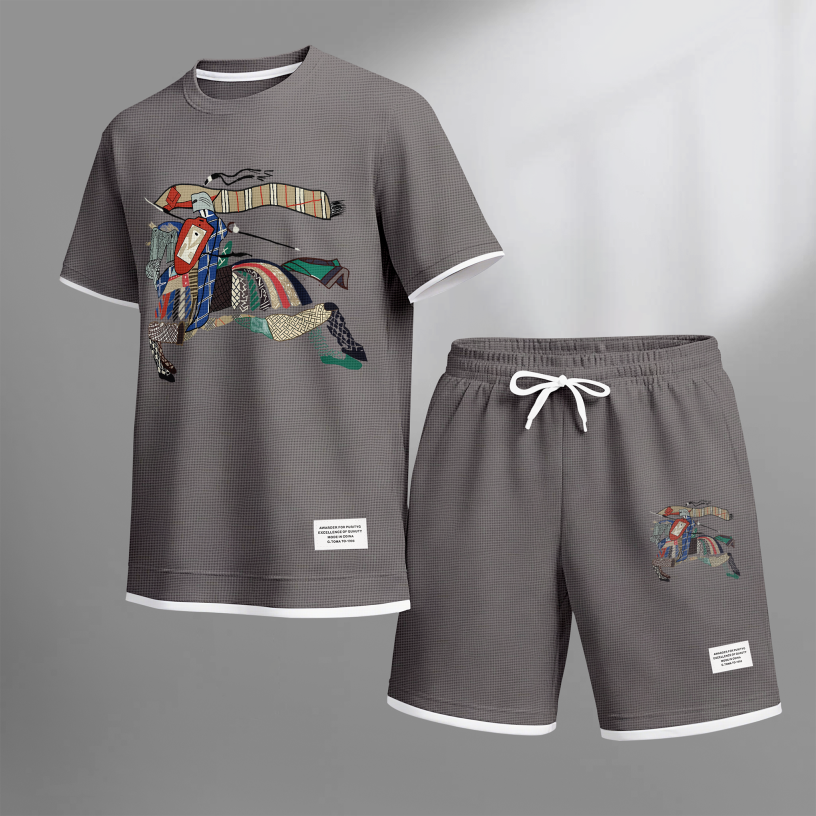 Men's Casual Style Knight Print Waffle Fabric Short-Sleeved Shirt And Shorts Set