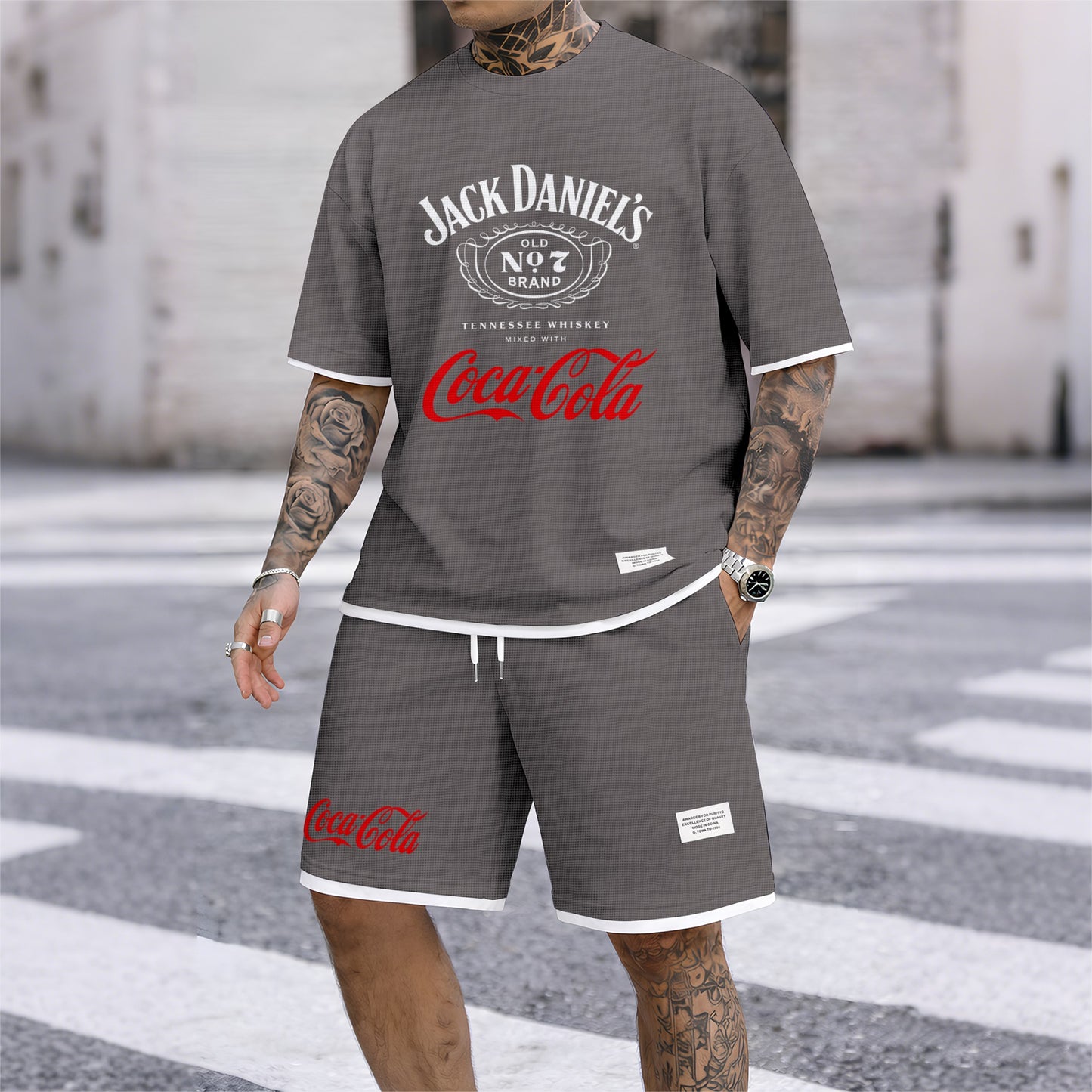 Men's Beer Print Drawstring Shorts Set, Suitable For Spring And Summer Wear, Casual Summer Set, Including Short-Sleeved Shirt And Shorts, Suitable For Everyday Wear And Sports 06
