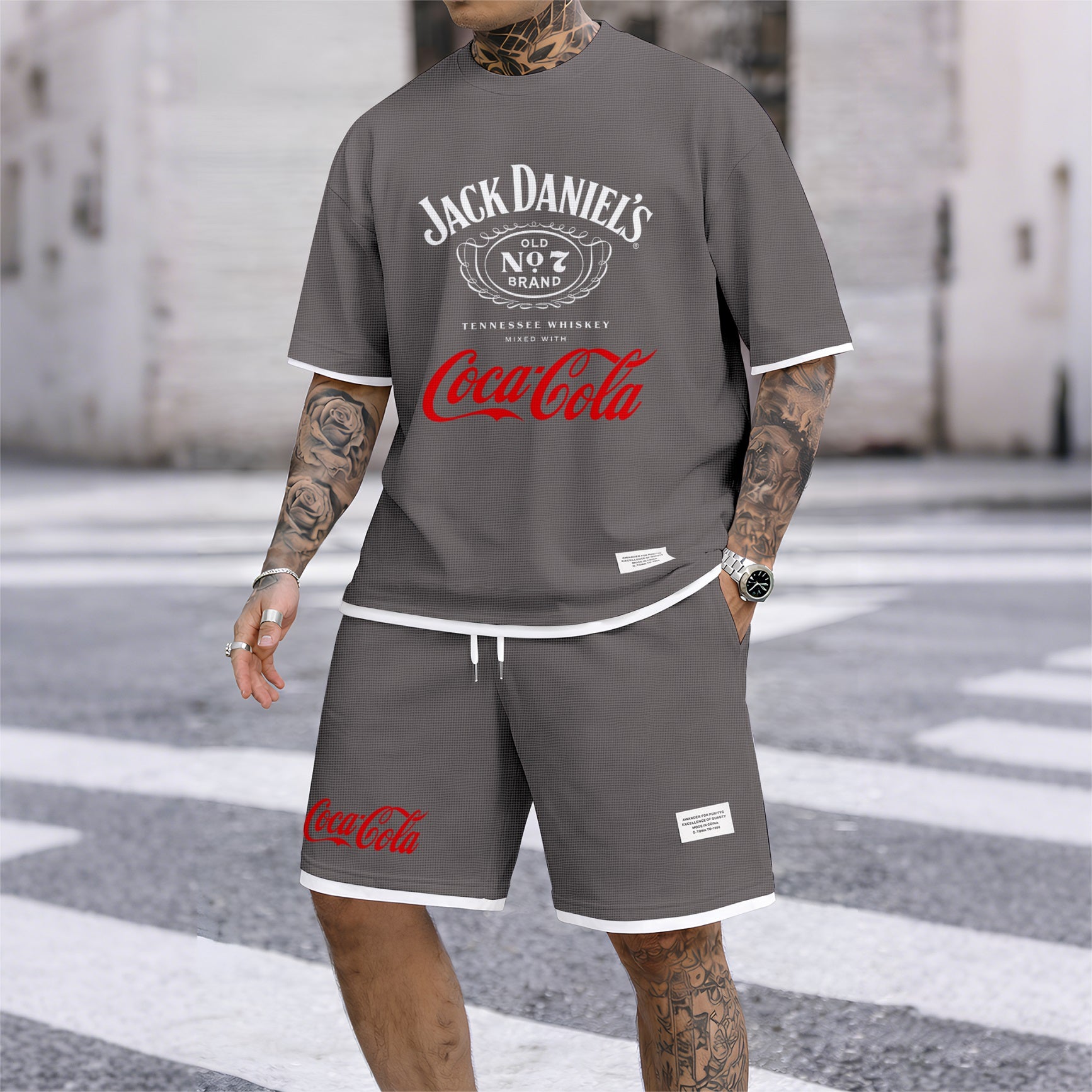 Men's Beer Print Drawstring Shorts Set, Suitable For Spring And Summer Wear, Casual Summer Set, Including Short-Sleeved Shirt And Shorts, Suitable For Everyday Wear And Sports 06