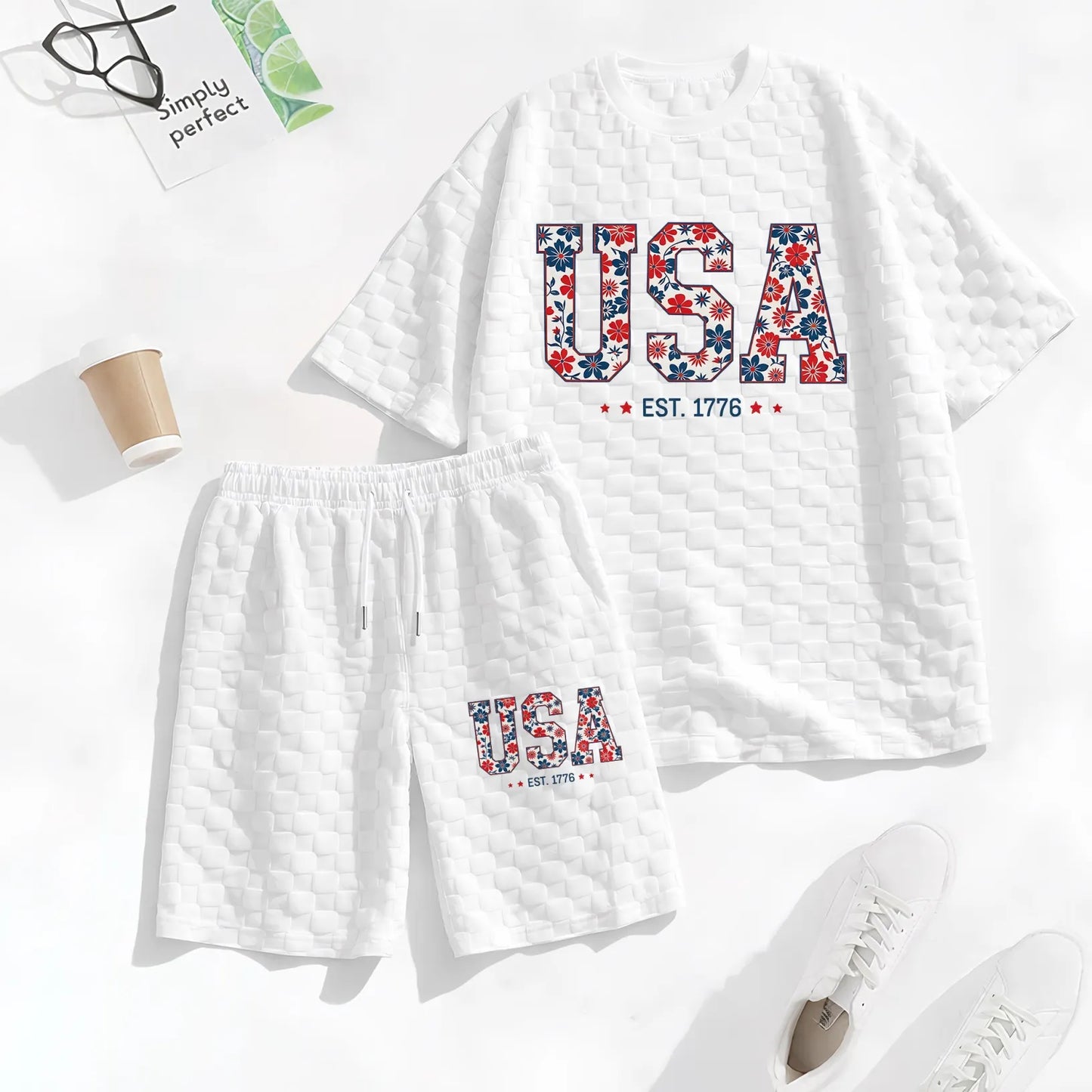 Men's Spring/Summer Drawstring Shorts Set featuring Beverage-Print Plaid Fabric—A casual summer ensemble comprising a short-sleeve shirt and shorts, ideal for both daily wear and athletic activities