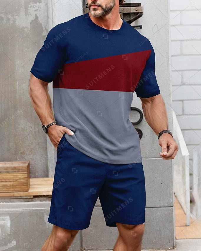 Men's Summer Color Matching Print Round Neck Set 225