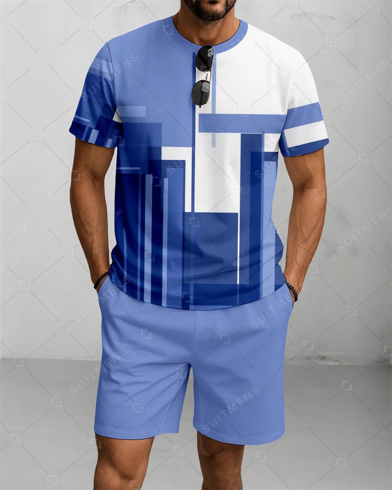 Men's Summer Colorblock Printed Round Neck Suit 085
