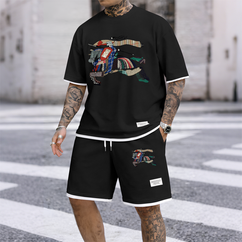 Men's Casual Style Knight Print Waffle Fabric Short-Sleeved Shirt And Shorts Set