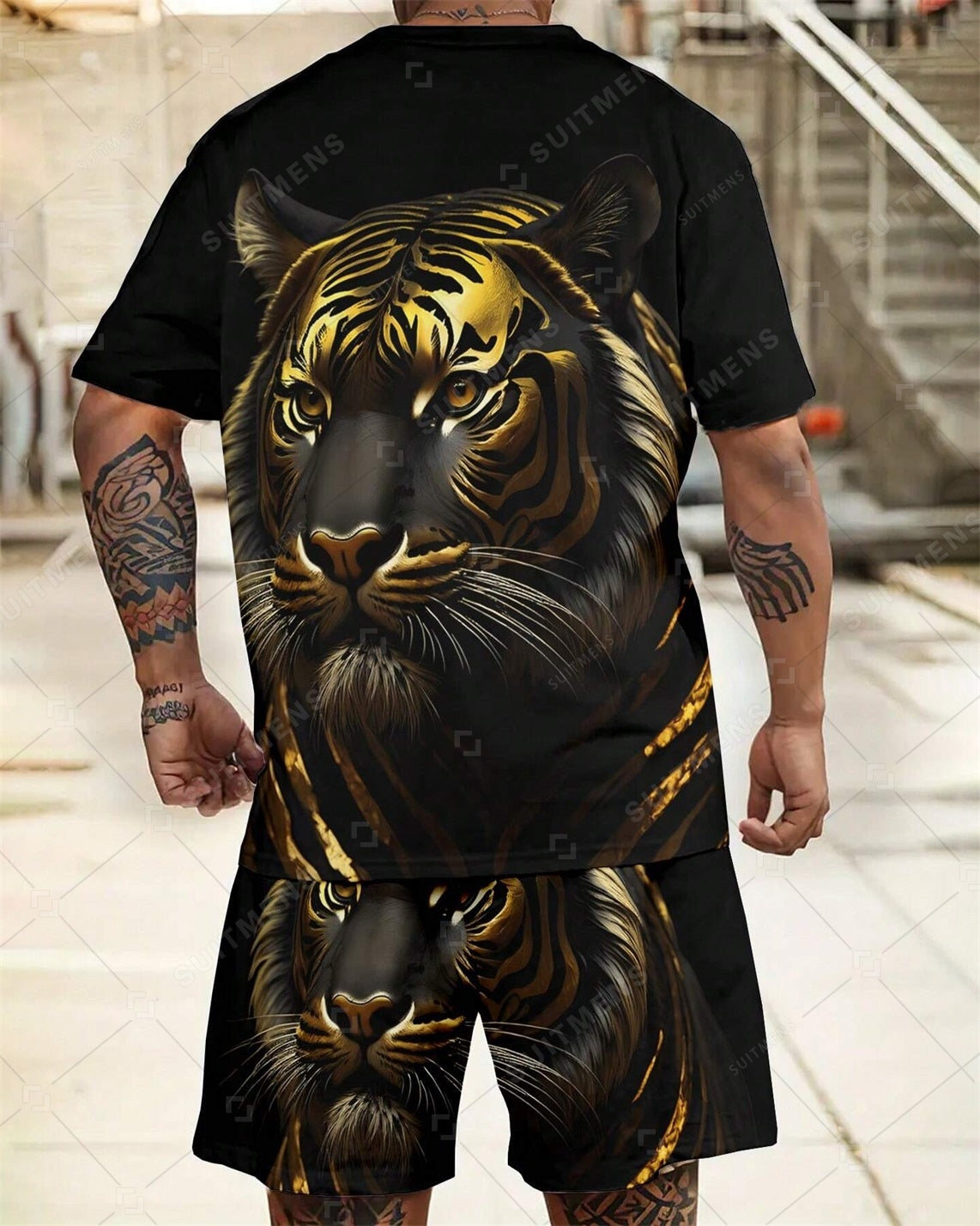 Men's Summer Tiger Print Round Neck Set 223