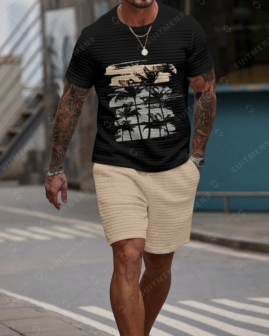 Men's Casual Waffle Textured Summer Round Neck Short Sleeve Shorts Set 0026