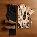Men's Casual Apricot & Black Color Matching Ethic Style Printed Short Sleeved Polo Shirt & Trousers Two-Piece Set