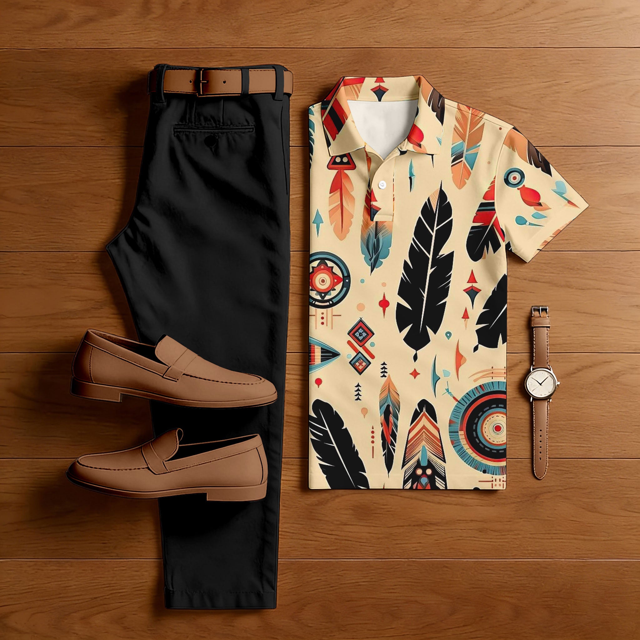 Men's Casual Apricot & Black Color Matching Ethic Style Printed Short Sleeved Polo Shirt & Trousers Two-Piece Set