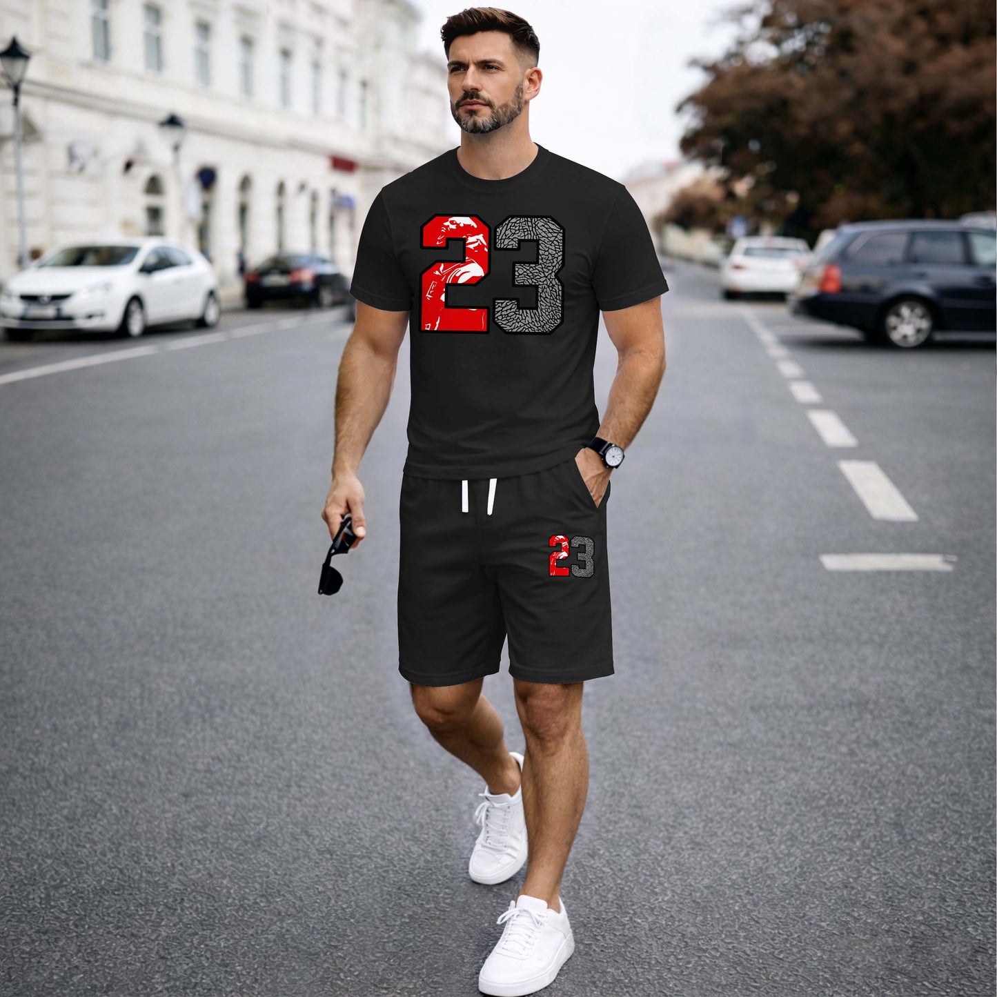 Men’s Summer 2 Piece Set, Basketball 23 Letter Print Short Sleeve T Shirt and Drawstring Shorts Matching Outfit, Lightweight Breathable Casual Set for Travel, Streetwear, Beach, Vacation, and Daily Wear