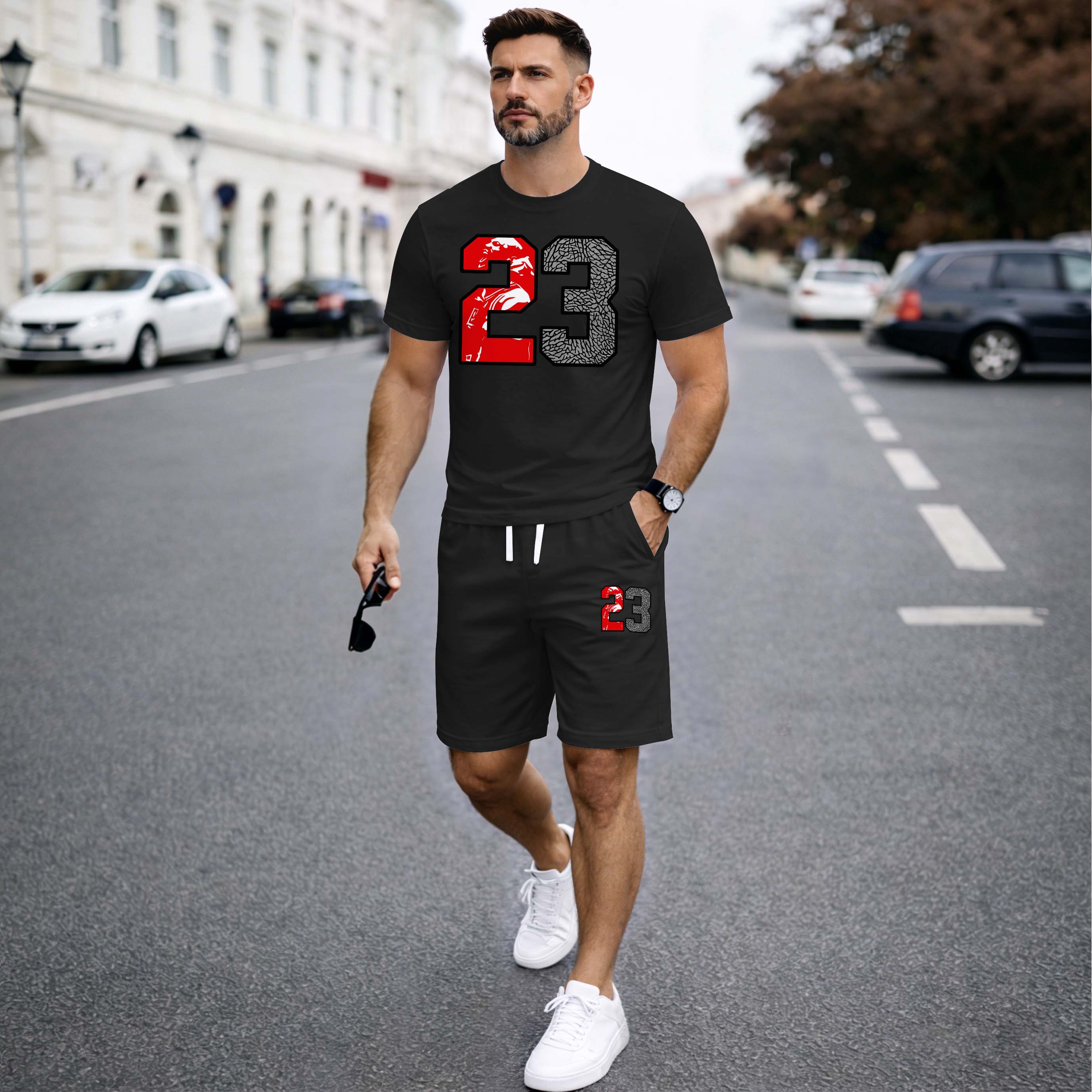 Men’s Summer 2 Piece Set, Basketball 23 Letter Print Short Sleeve T Shirt and Drawstring Shorts Matching Outfit, Lightweight Breathable Casual Set for Travel, Streetwear, Beach, Vacation, and Daily Wear