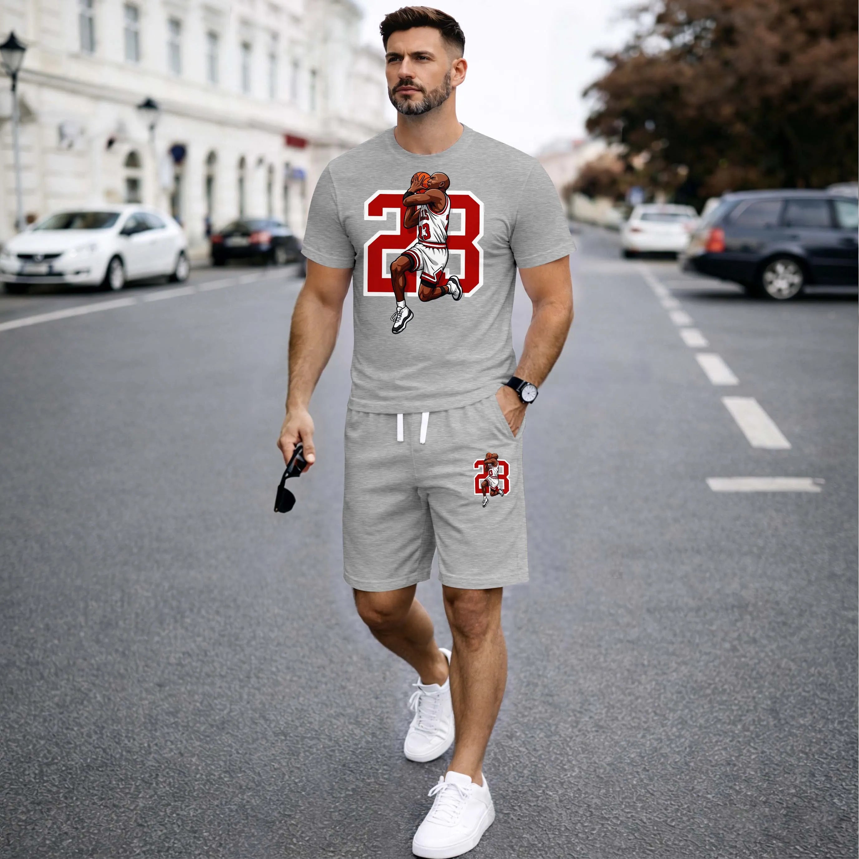 Men’s Summer 2 Piece Set, Basketball 23 Letter Print Short Sleeve T Shirt and Drawstring Shorts Matching Outfit, Lightweight Breathable Casual Set for Travel, Streetwear, Beach, Vacation, and Daily Wear