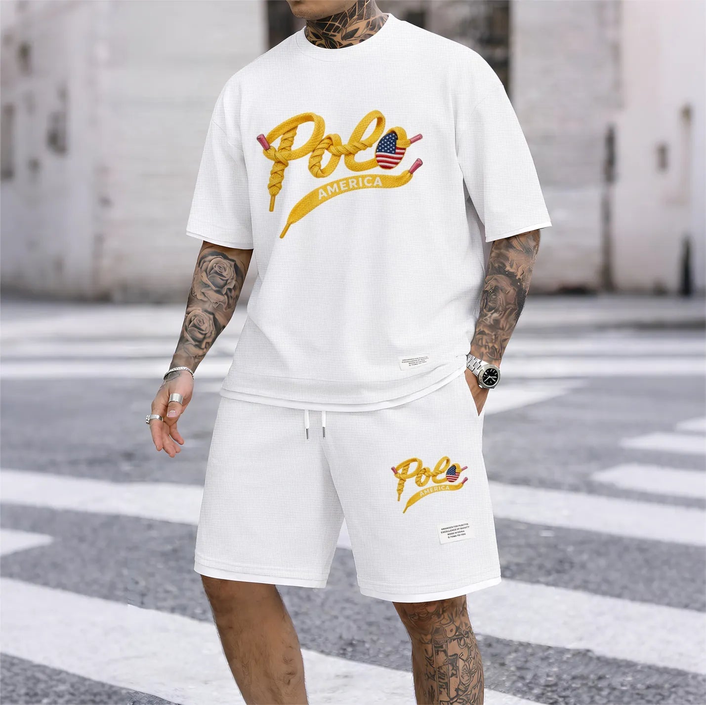 Men's Polo print drawstring shorts set for spring/summer, a casual summer outfit including a short-sleeved shirt and shorts, suitable for everyday wear and sports. A two-piece set for a relaxed and energetic lifestyle.