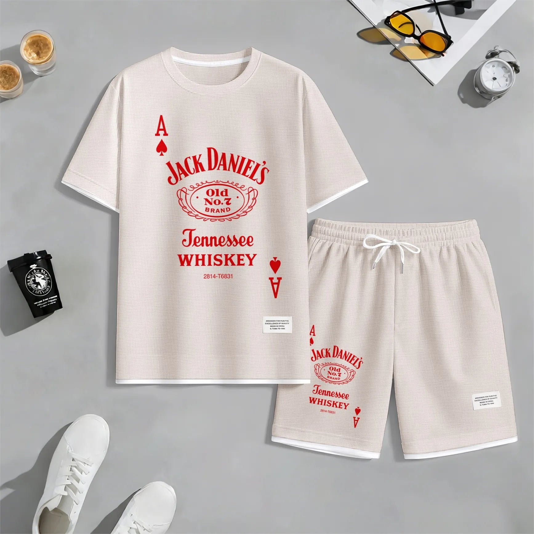 Men's Beer And Beverage Printed Drawstring Shorts Set, Suitable For Spring And Summer Wear, Casual Summer Set, Including Short-Sleeved Shirt And Shorts, Suitable For Everyday Wear And Sports 013