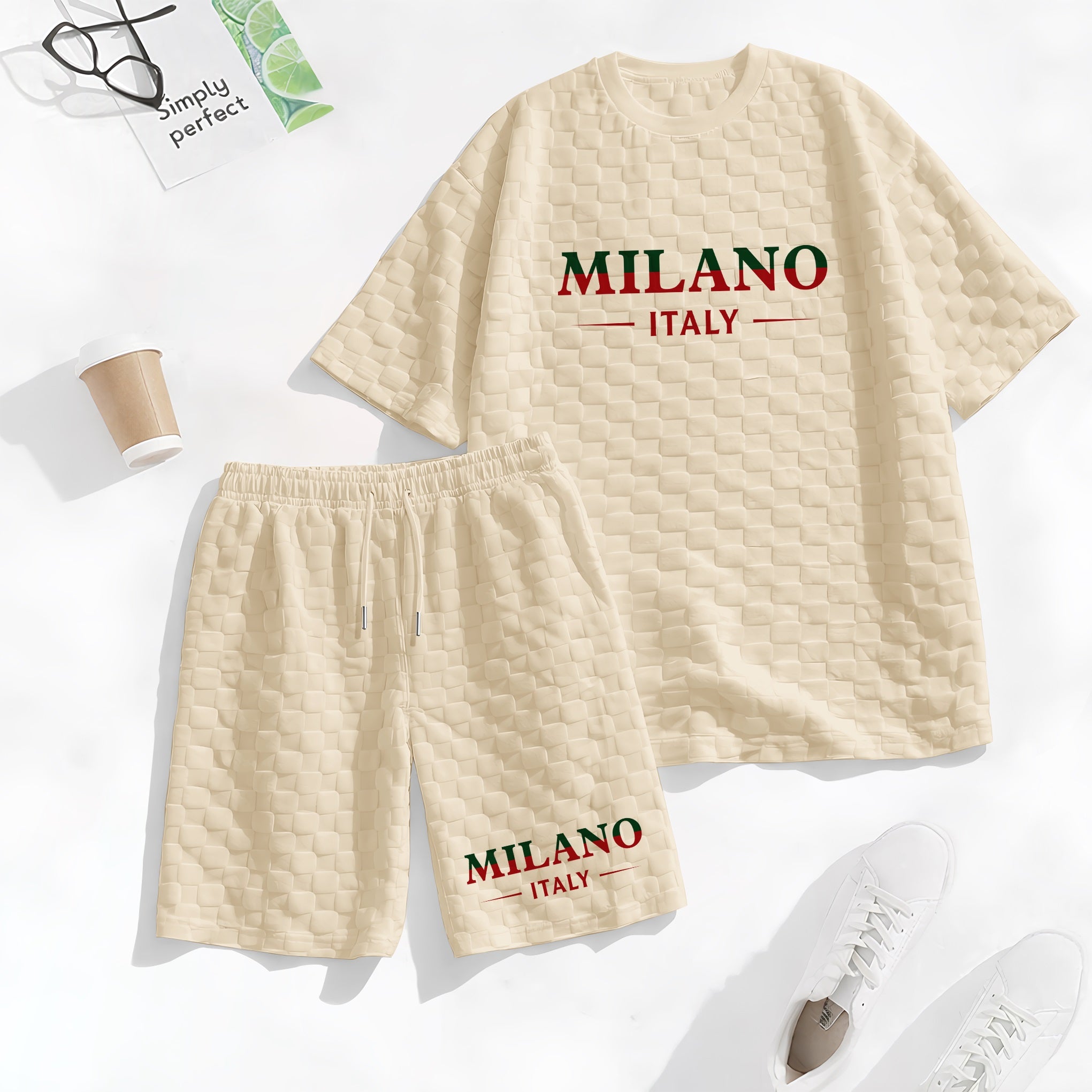Men's Spring and Summer Milan Letter Print Checkered Fabric Drawstring Shorts Set, Casual Summer Outfit with Short-Sleeved Shirt and Shorts, Ideal for Everyday Wear and Sports Activities