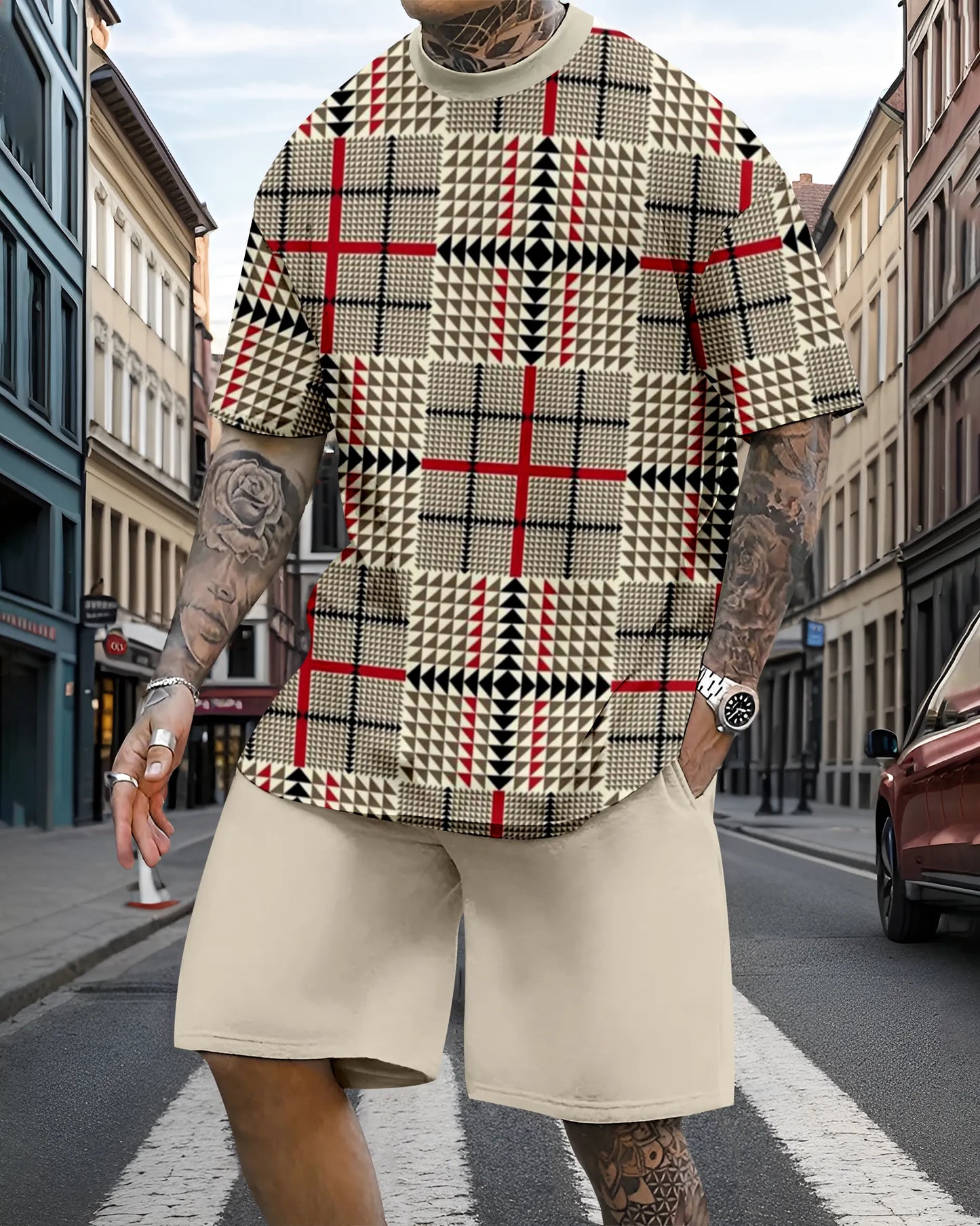 Men's casual colorblock print shorts set 600