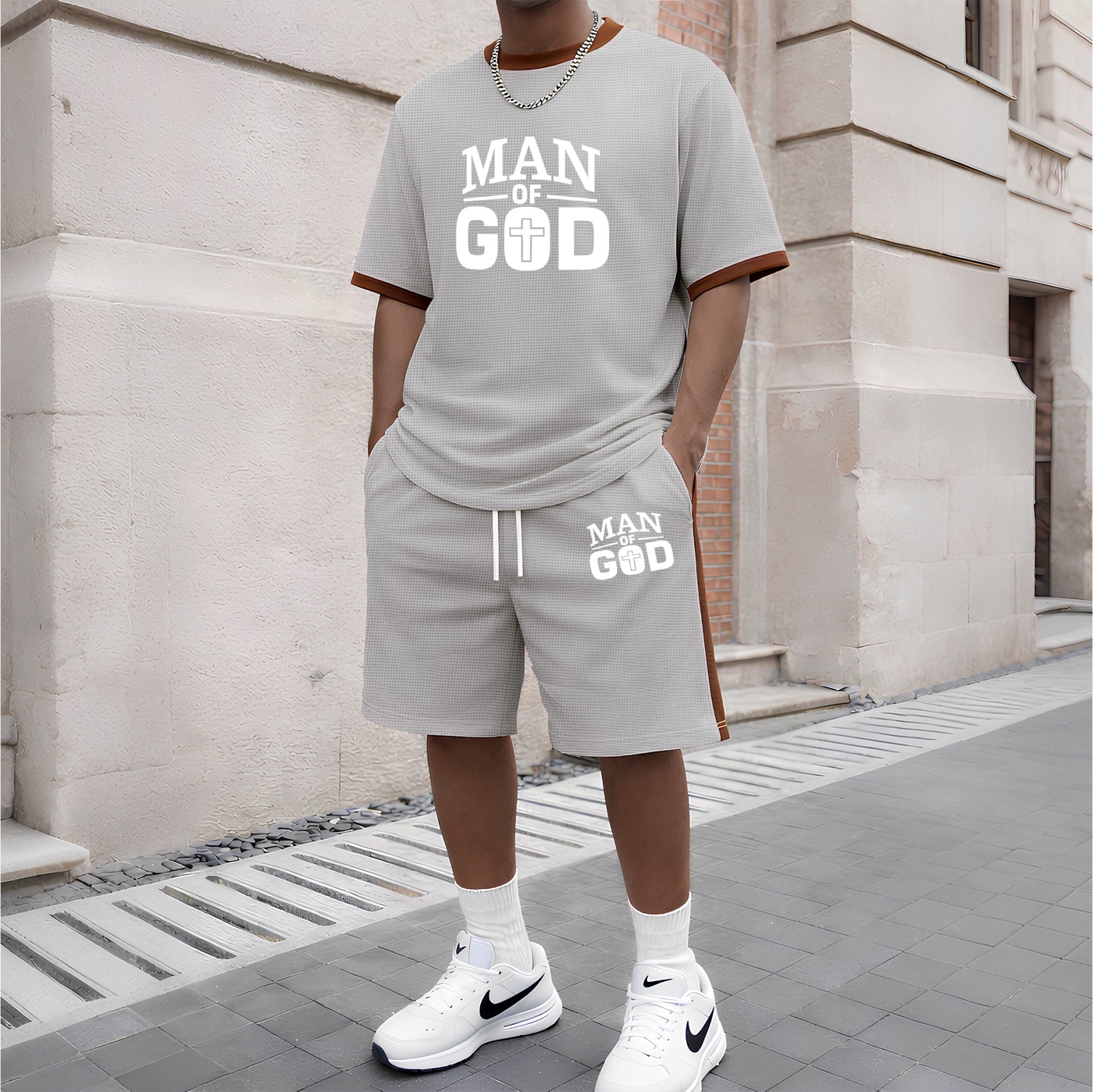 Men's God Graphic Short-Sleeved T-Shirt And Drawstring Shorts Set, Men's Clothing, Casual Sports Short-Sleeved Top And Shorts, Men's Summer Everyday Wear, Indoor And Outdoor Sportswear, Sports Set