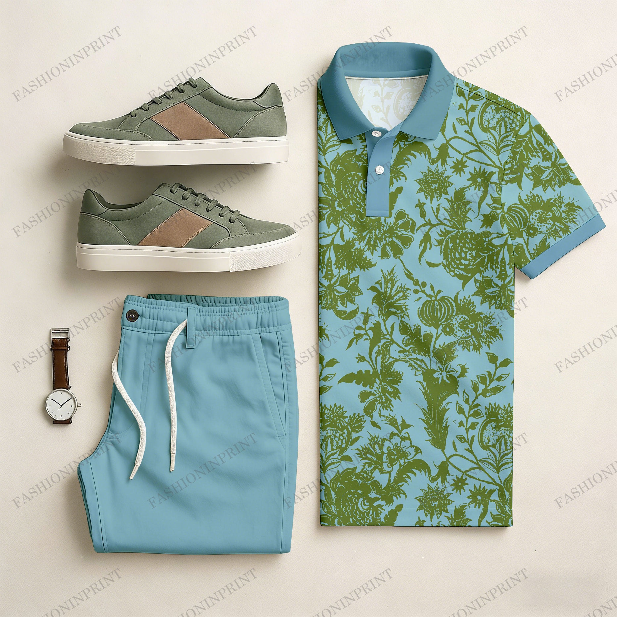 Men's Casual Blue & Green Color Matching Floral Printed Short Sleeved Polo Shirt & Trousers Two-Piece Set