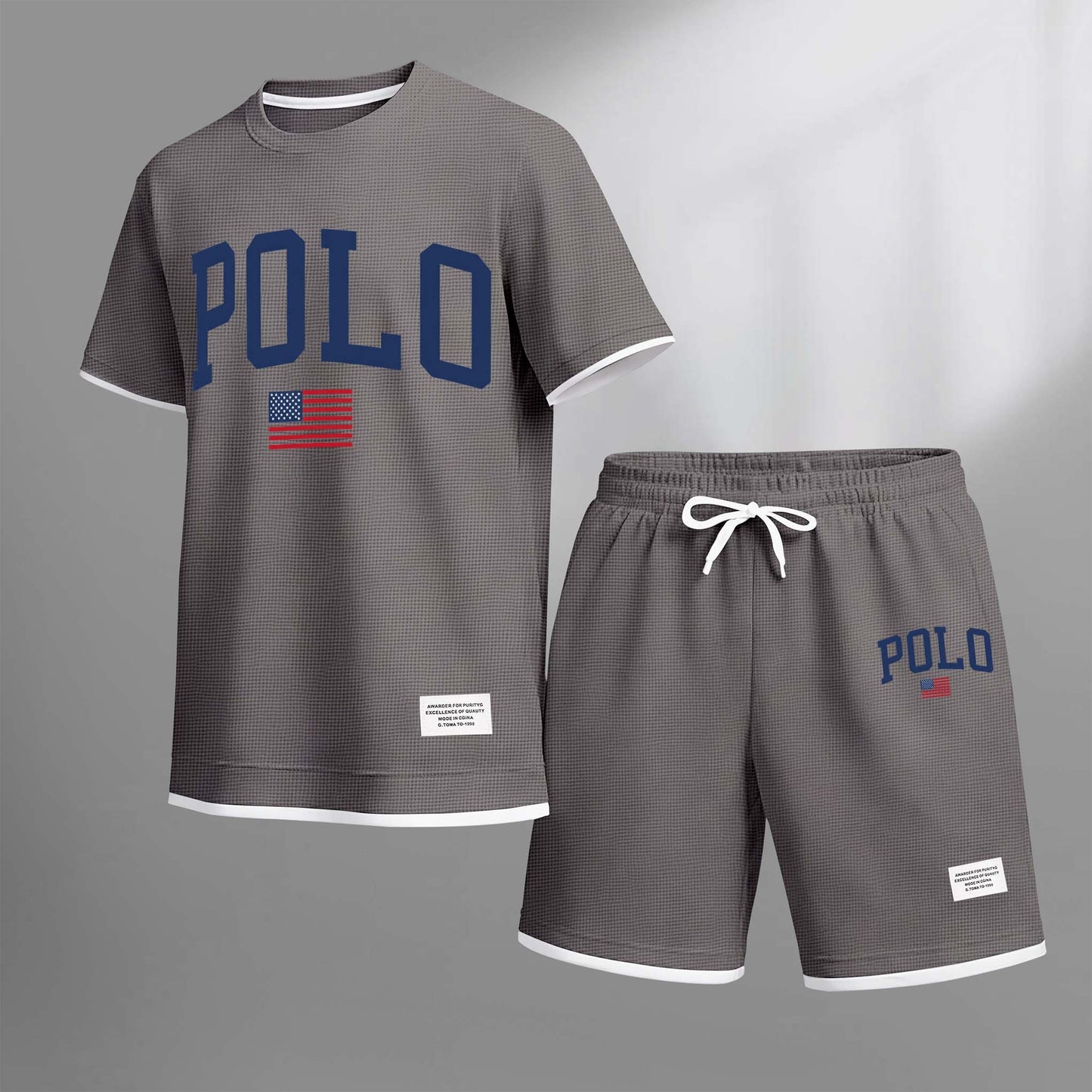 Men's Polo Print Drawstring Shorts Set For Spring/Summer. A Casual Summer Outfit, Including A Short-Sleeved Shirt And Shorts, Suitable For Everyday Wear And Sports. A Two-Piece Set For A Relaxed And Energetic Lifestyle.
