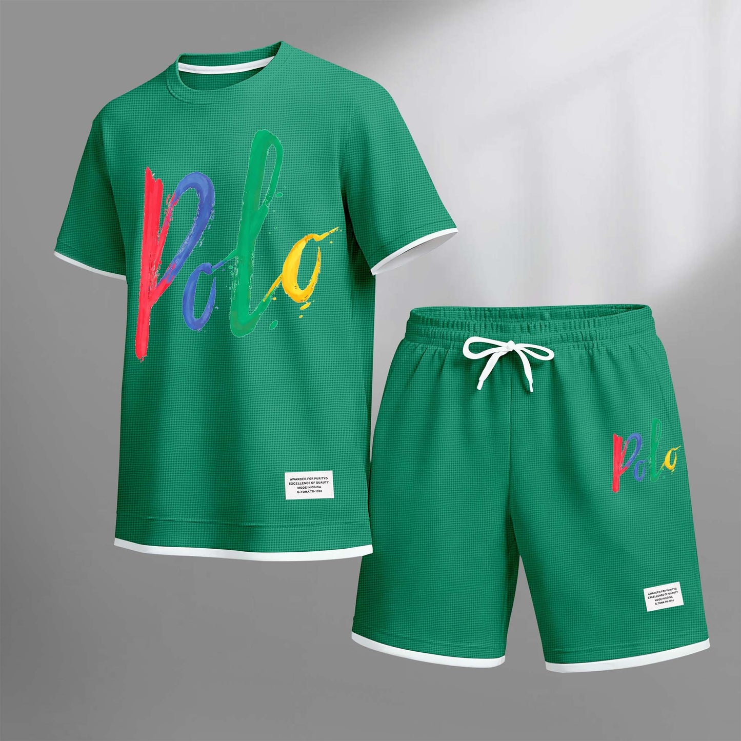 Men's Polo Print Drawstring Shorts Set For Spring/Summer. A Casual Summer Outfit, Including A Short-Sleeved Shirt And Shorts, Suitable For Everyday Wear And Sports. A Two-Piece Set For A Relaxed And Energetic Lifestyle.