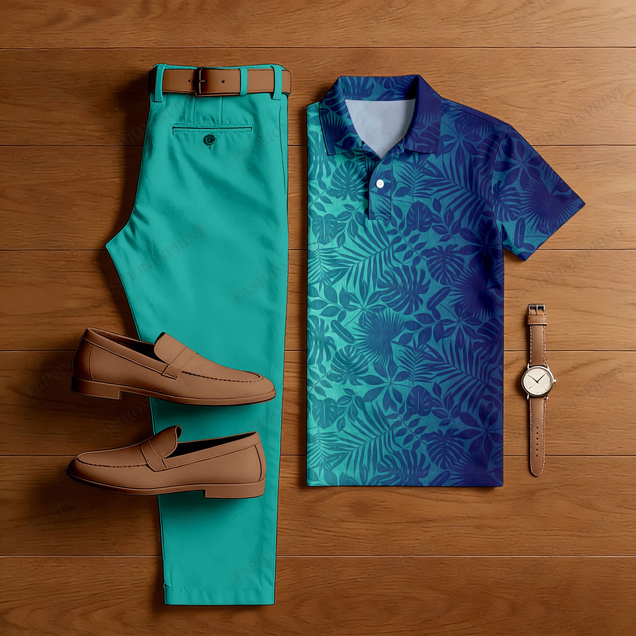 Men's Casual Green & Navy Grafdient Color Matching Floral Printed Short Sleeved Polo Shirt & Trousers Two-Piece Set