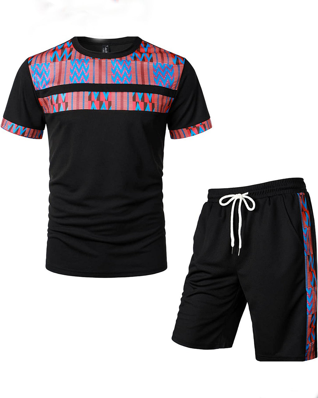 Men's Printed Colorblock T-Shirt and Shorts Set 019