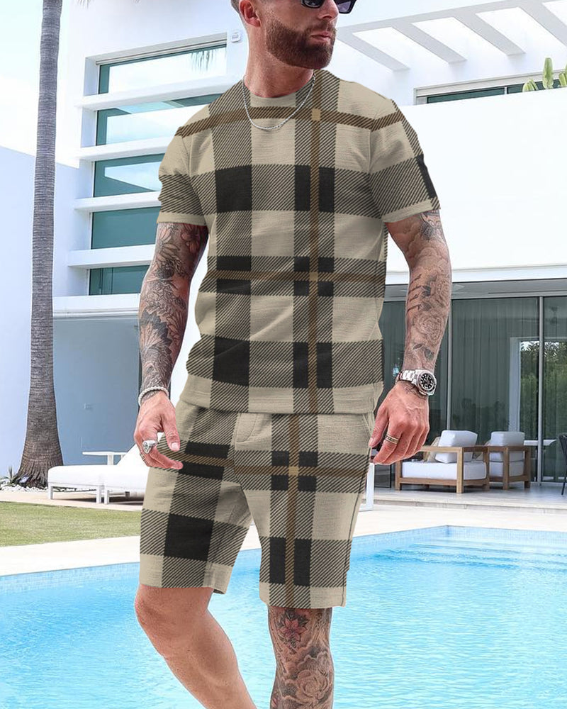 Men's Check Print Shorts Set 33