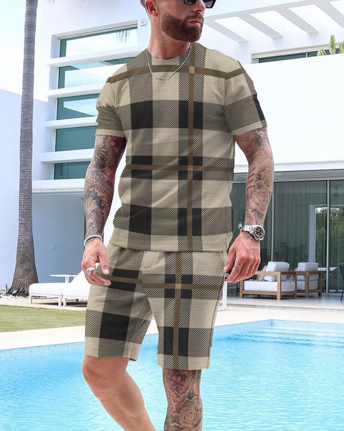 Men's Check Print Shorts Set 33