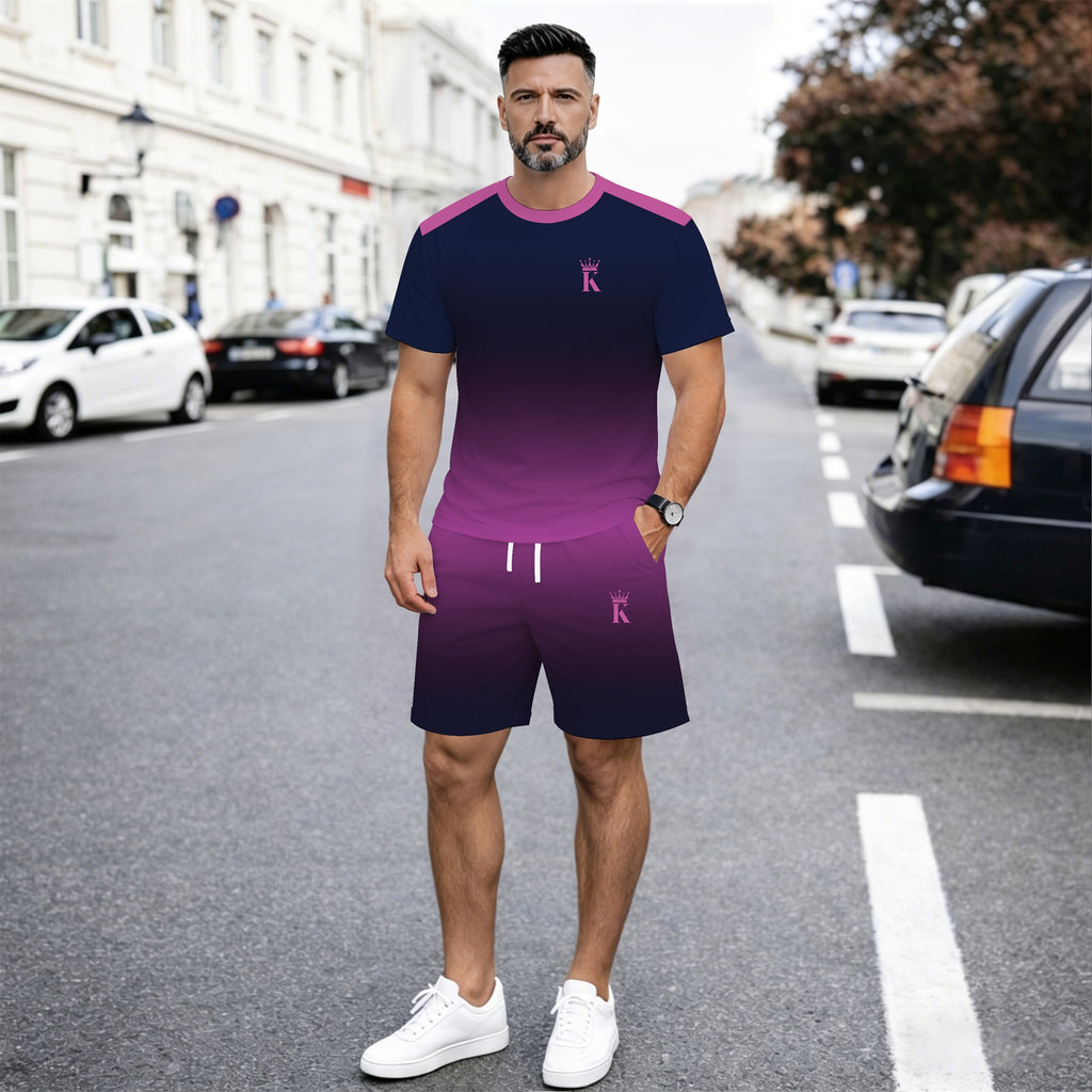 Men’s Gradient 2 Piece Shorts Set, Short Sleeve Crew Neck T Shirt and Drawstring Shorts Matching Outfit, Lightweight Breathable Casual Summer Set for Streetwear, Vacation, Travel, Gym, Outdoor Activities, and Daily Wear