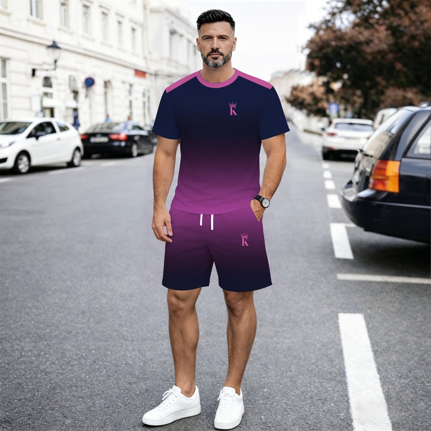 Men’s Gradient 2 Piece Shorts Set, Short Sleeve Crew Neck T Shirt and Drawstring Shorts Matching Outfit, Lightweight Breathable Casual Summer Set for Streetwear, Vacation, Travel, Gym, Outdoor Activities, and Daily Wear