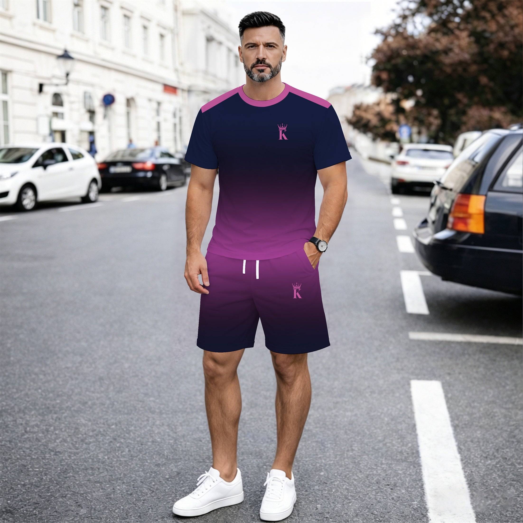 Men’s Gradient 2 Piece Shorts Set, Short Sleeve Crew Neck T Shirt and Drawstring Shorts Matching Outfit, Lightweight Breathable Casual Summer Set for Streetwear, Vacation, Travel, Gym, Outdoor Activities, and Daily Wear