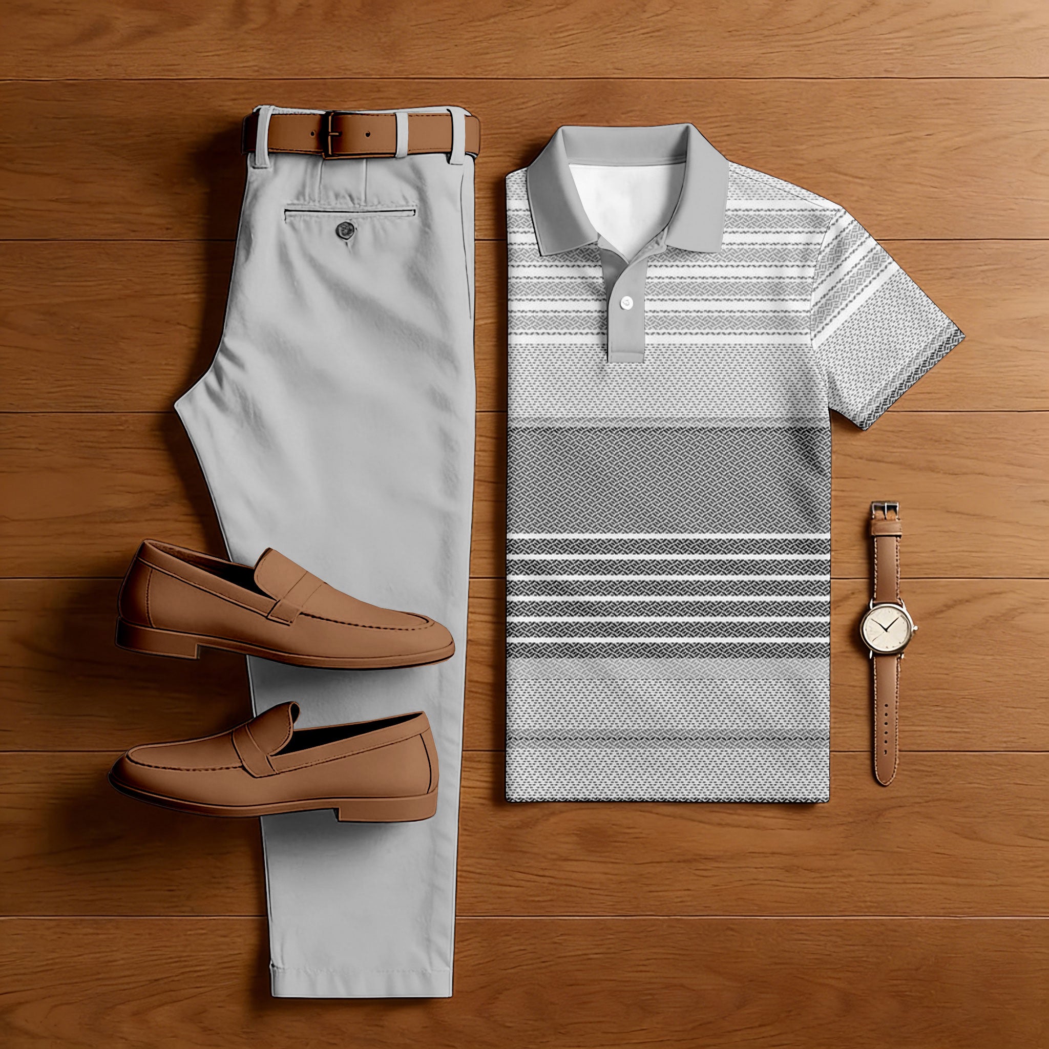 Men's Casual Gray Color Matching Printed Short Sleeved Polo Shirt & Trousers Two-Piece Set