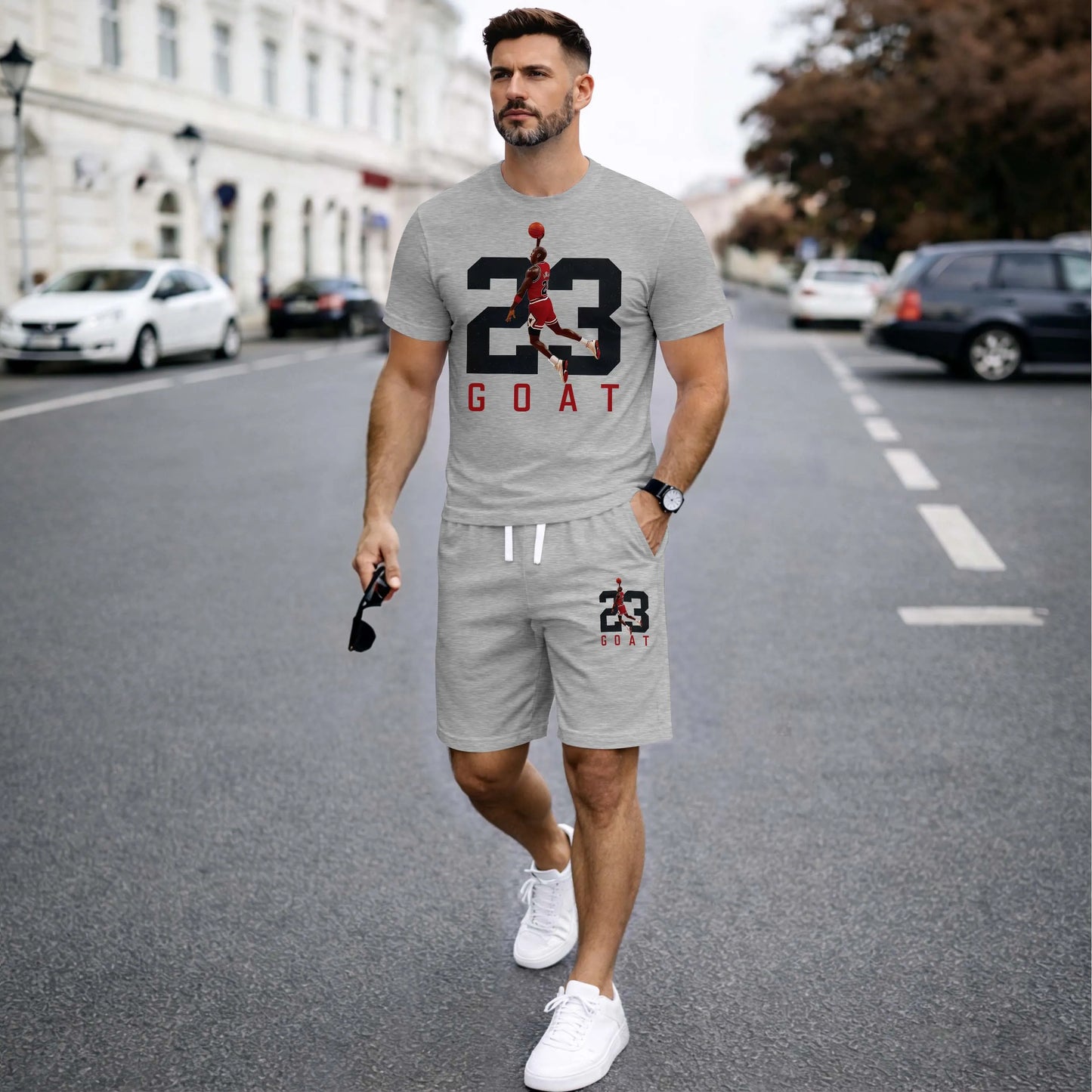 Men’s Summer 2 Piece Set, Basketball 23 Letter Print Short Sleeve T Shirt and Drawstring Shorts Matching Outfit, Lightweight Breathable Casual Set for Travel, Streetwear, Beach, Vacation, and Daily Wear