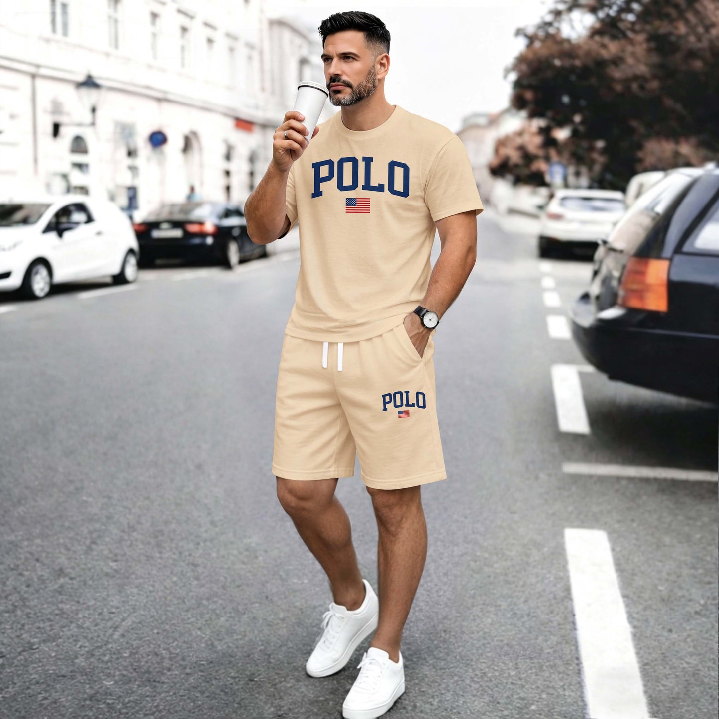 Men’s Summer 2 Piece Set, Flag Usa Letter Print Short Sleeve T Shirt and Drawstring Shorts Matching Outfit, Lightweight Breathable Casual Set for Travel, Streetwear, Beach, Vacation, and Daily Wear