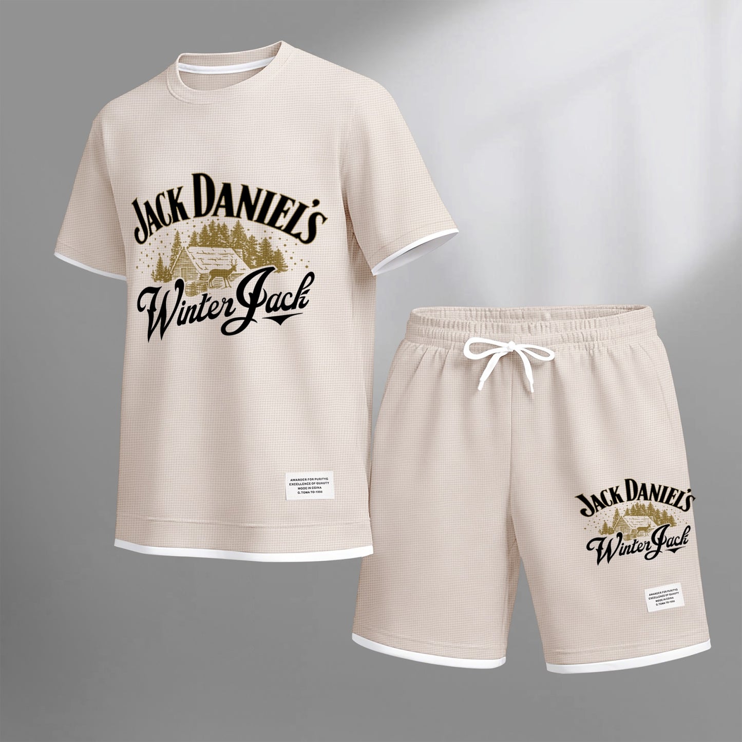 Men's Beer And Beverage Printed Drawstring Shorts Set, Suitable For Spring And Summer Wear, Casual Summer Set, Including Short-Sleeved Shirt And Shorts, Suitable For Everyday Wear And Sports 010