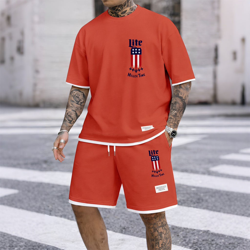 Men's Beer And Beverage Printed Drawstring Shorts Set, Suitable For Spring And Summer Wear, Casual Summer Set, Including Short-Sleeved Shirt And Shorts, Suitable For Everyday Wear And Sports 012
