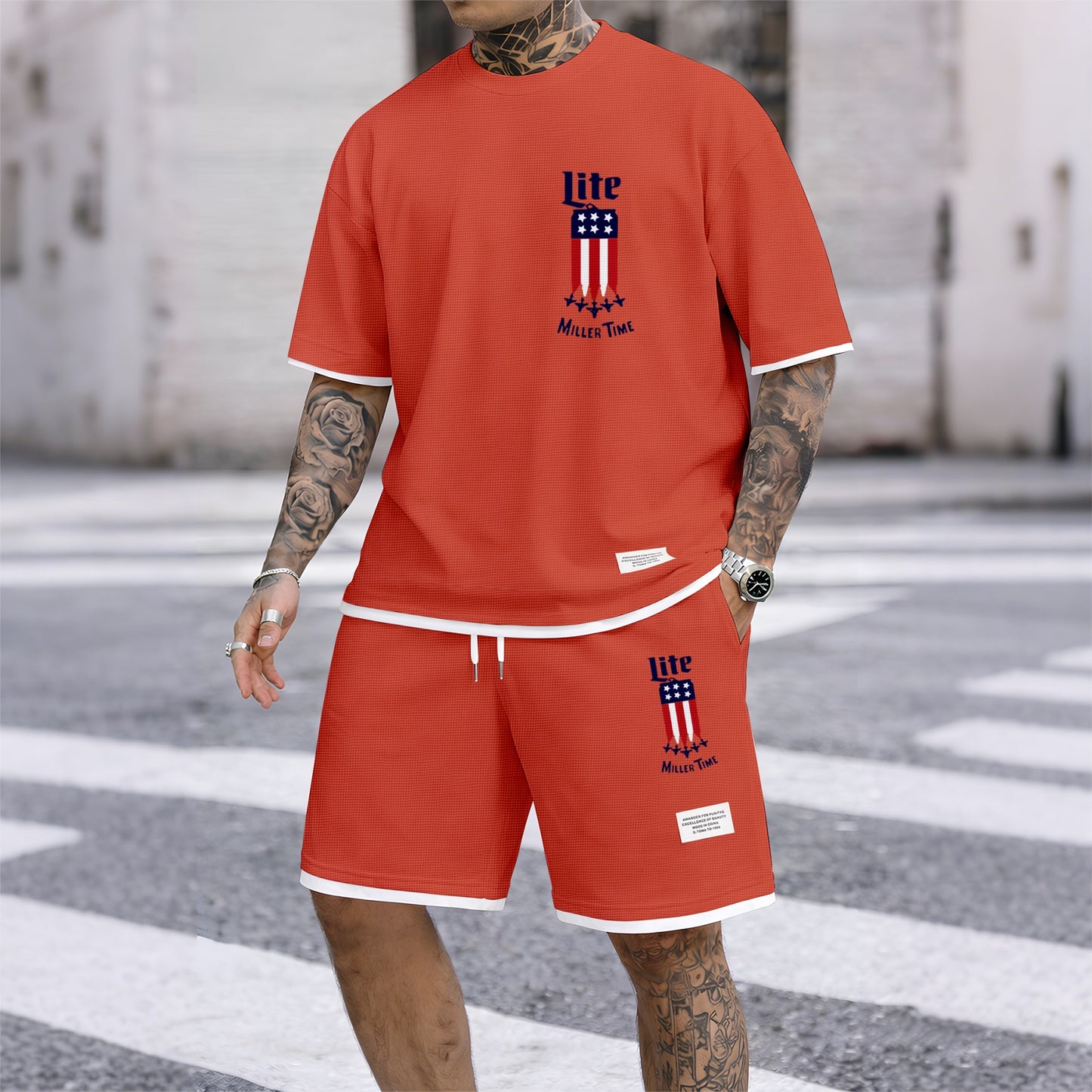 Men's Beer And Beverage Printed Drawstring Shorts Set, Suitable For Spring And Summer Wear, Casual Summer Set, Including Short-Sleeved Shirt And Shorts, Suitable For Everyday Wear And Sports 012