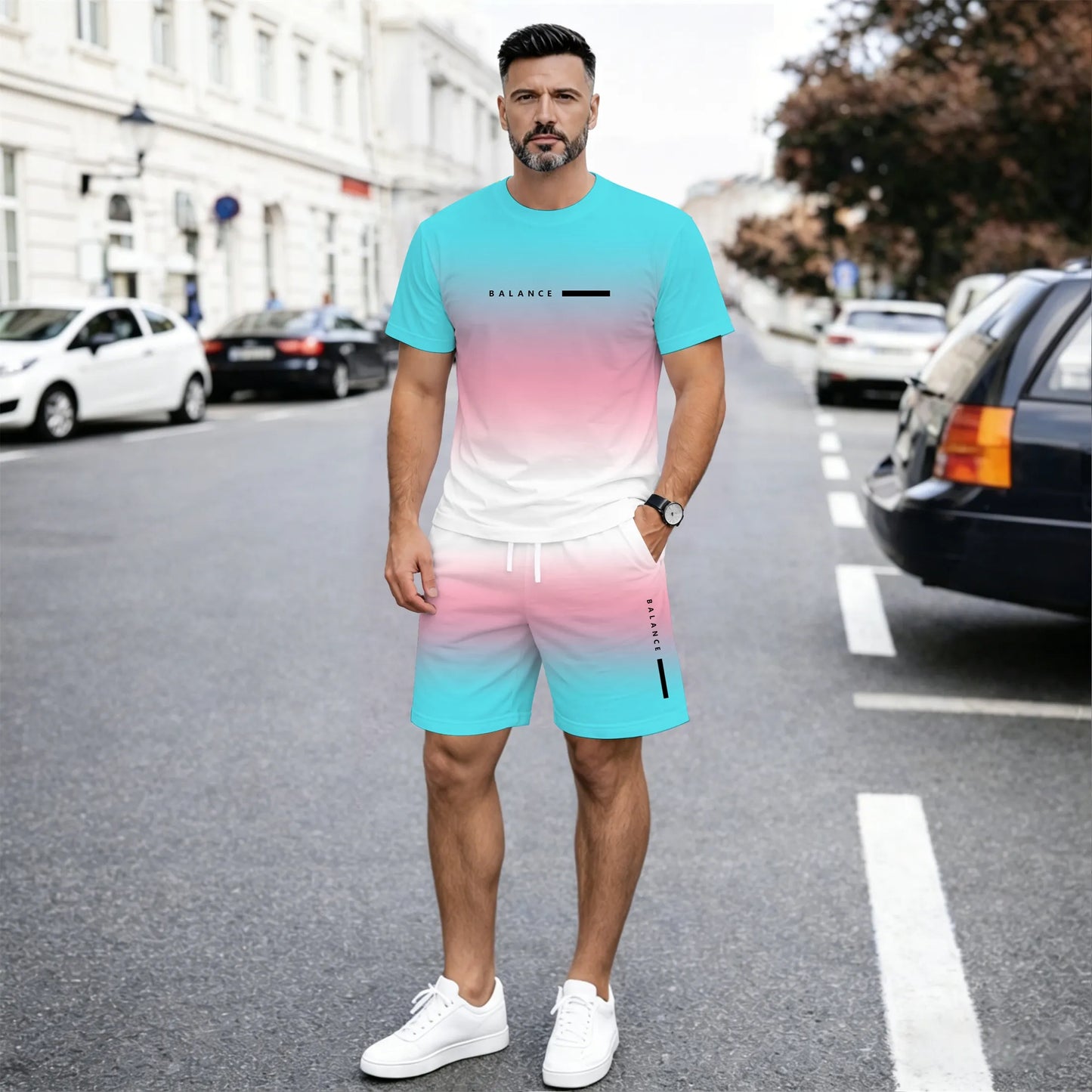 Men’s Summer 2 Piece Set, Gradient Color Short Sleeve T Shirt and Drawstring Shorts Matching Outfit, Lightweight Breathable Casual Set for Beach, Vacation, Gym, Travel, Running, and Daily Wear