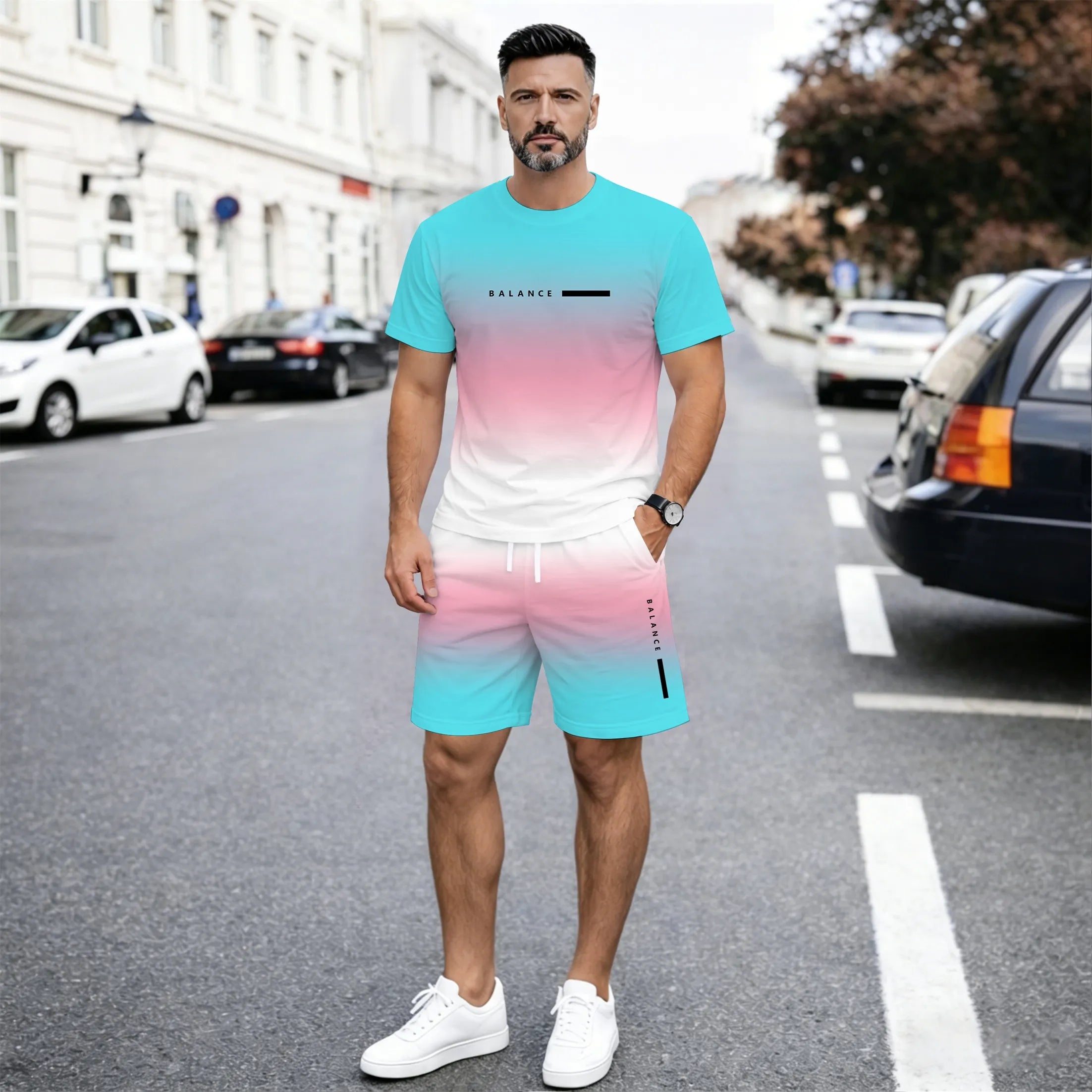 Men’s Summer 2 Piece Set, Gradient Color Short Sleeve T Shirt and Drawstring Shorts Matching Outfit, Lightweight Breathable Casual Set for Beach, Vacation, Gym, Travel, Running, and Daily Wear