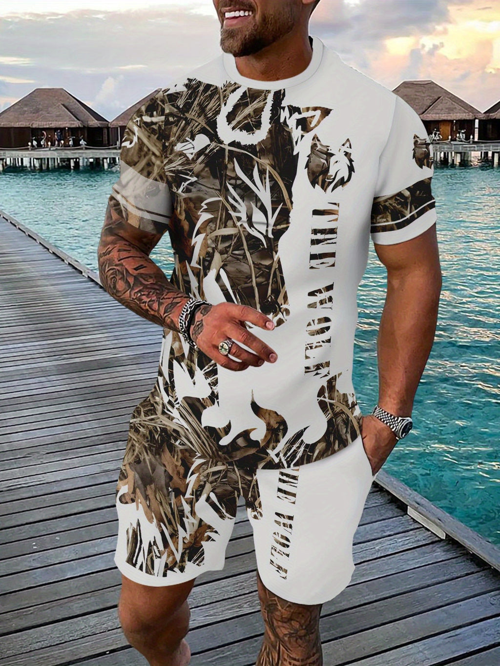 Men's Summer Retro Printed Round Neck Set 938