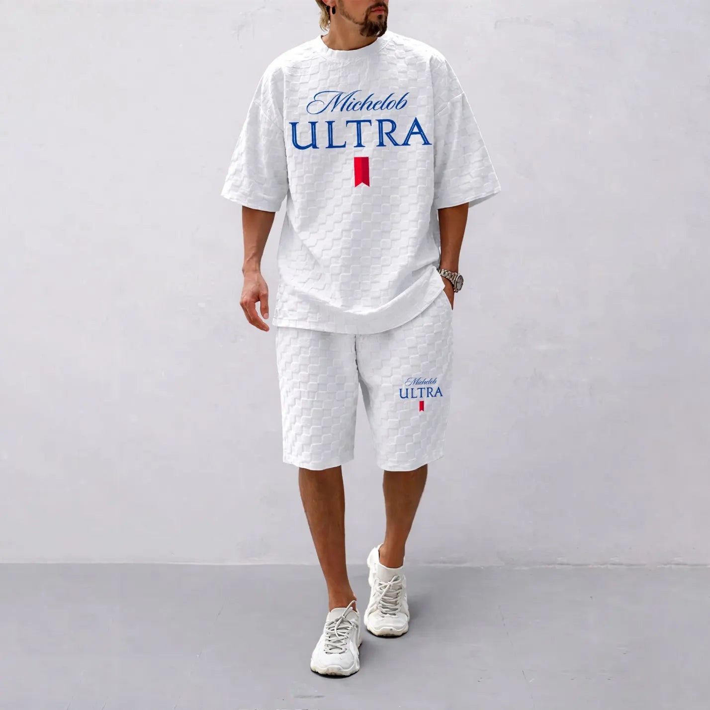 Men's Spring/Summer Drawstring Shorts Set featuring Beverage-Print Plaid Fabric—A casual summer ensemble comprising a short-sleeve shirt and shorts, ideal for both daily wear and athletic activities