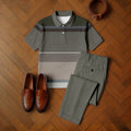 Men's Casual Dark Gray & Army Green Color Matching Striped Printed Short Sleeved Polo Shirt & Trousers Two-Piece Set