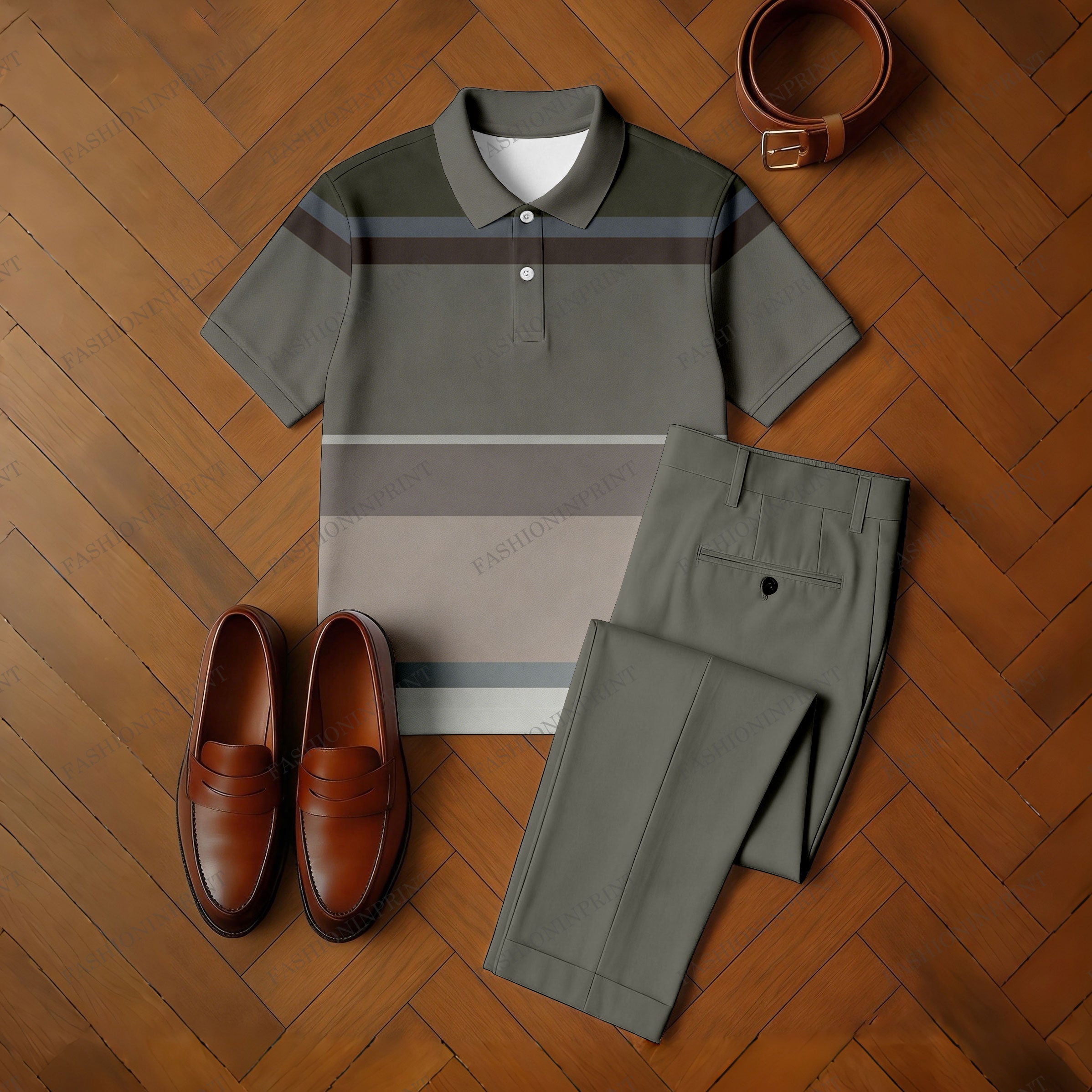 Men's Casual Dark Gray & Army Green Color Matching Striped Printed Short Sleeved Polo Shirt & Trousers Two-Piece Set