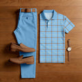 Men's Casual Blue & Red Color Matching Checkered Printed Short Sleeved Polo Shirt & Trousers Two-Piece Set