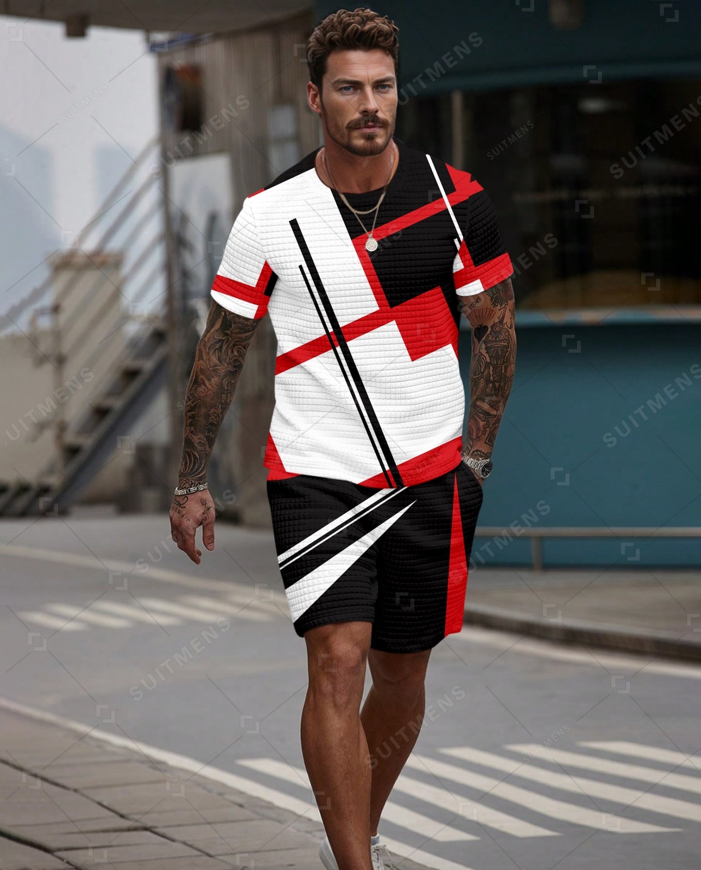 Men's Casual Waffle Textured Summer Round Neck Short Sleeve Shorts Set 0022