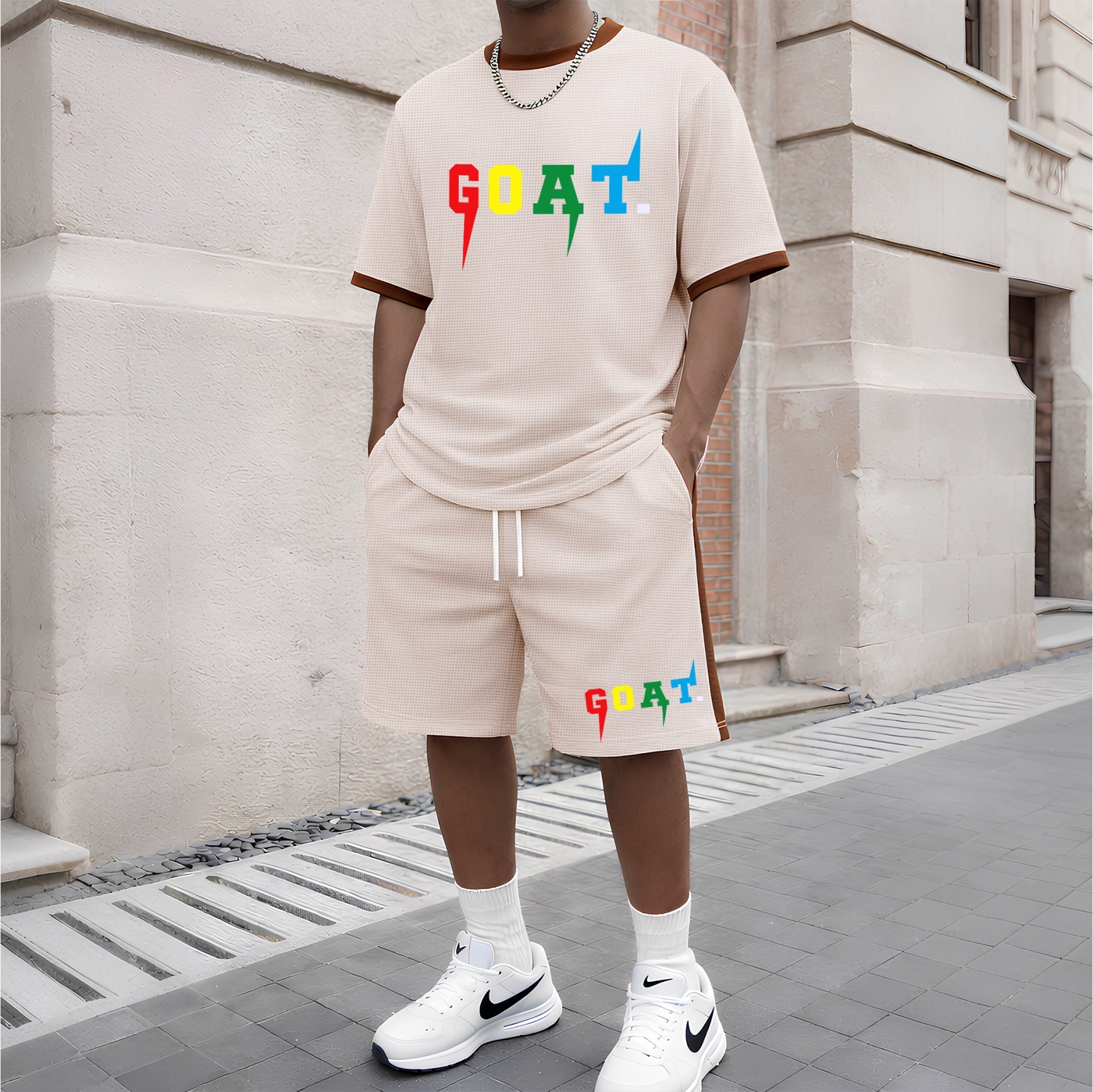 Men's Goat Pattern Short-Sleeved T-Shirt And Drawstring Shorts Set, Men's Clothing, Casual Sports Short-Sleeved Top And Shorts, Summer Men's Everyday Wear, Indoor And Outdoor Sportswear, Sports Set.