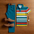 Men's Casual Peacock Blue & Multi Color Matching Striped Printed Short Sleeved Polo Shirt & Trousers Two-Piece Set
