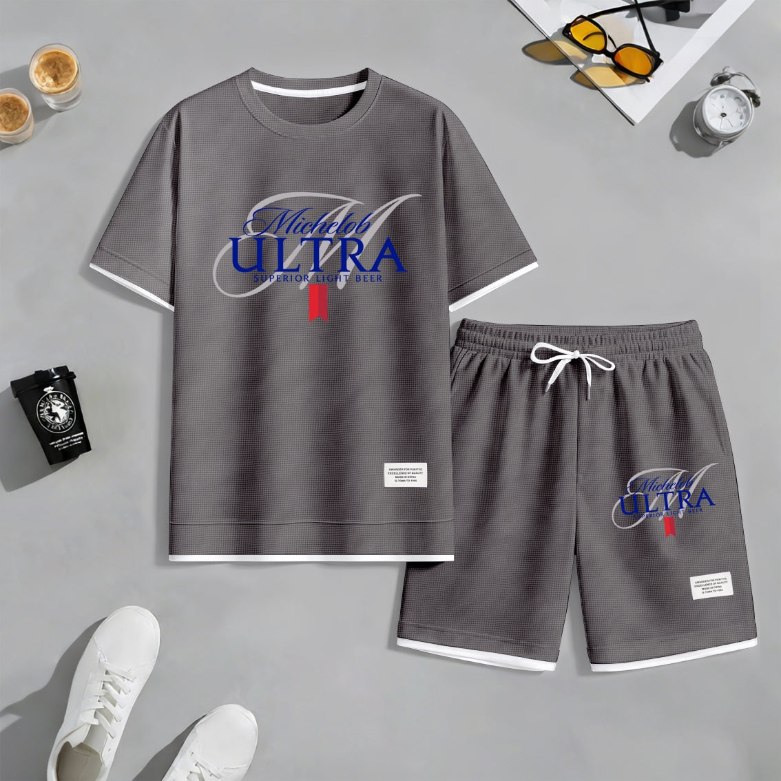 Men's Fitness Beer Print Waffle Fabric Short-Sleeved Shirt And Shorts Set